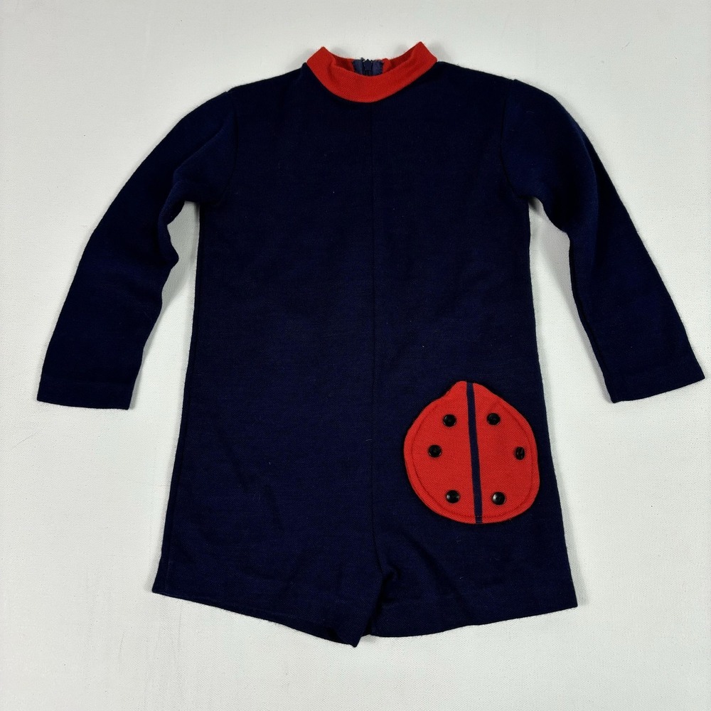 Vintage Madeline Wotcoll Ladybug Romper Girls 2T Blue Knit Pocket Belguim 60s
